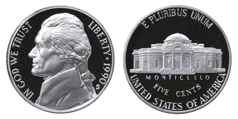 1990 Jefferson nickel obverse and reverse showing mint luster and Monticello reverse