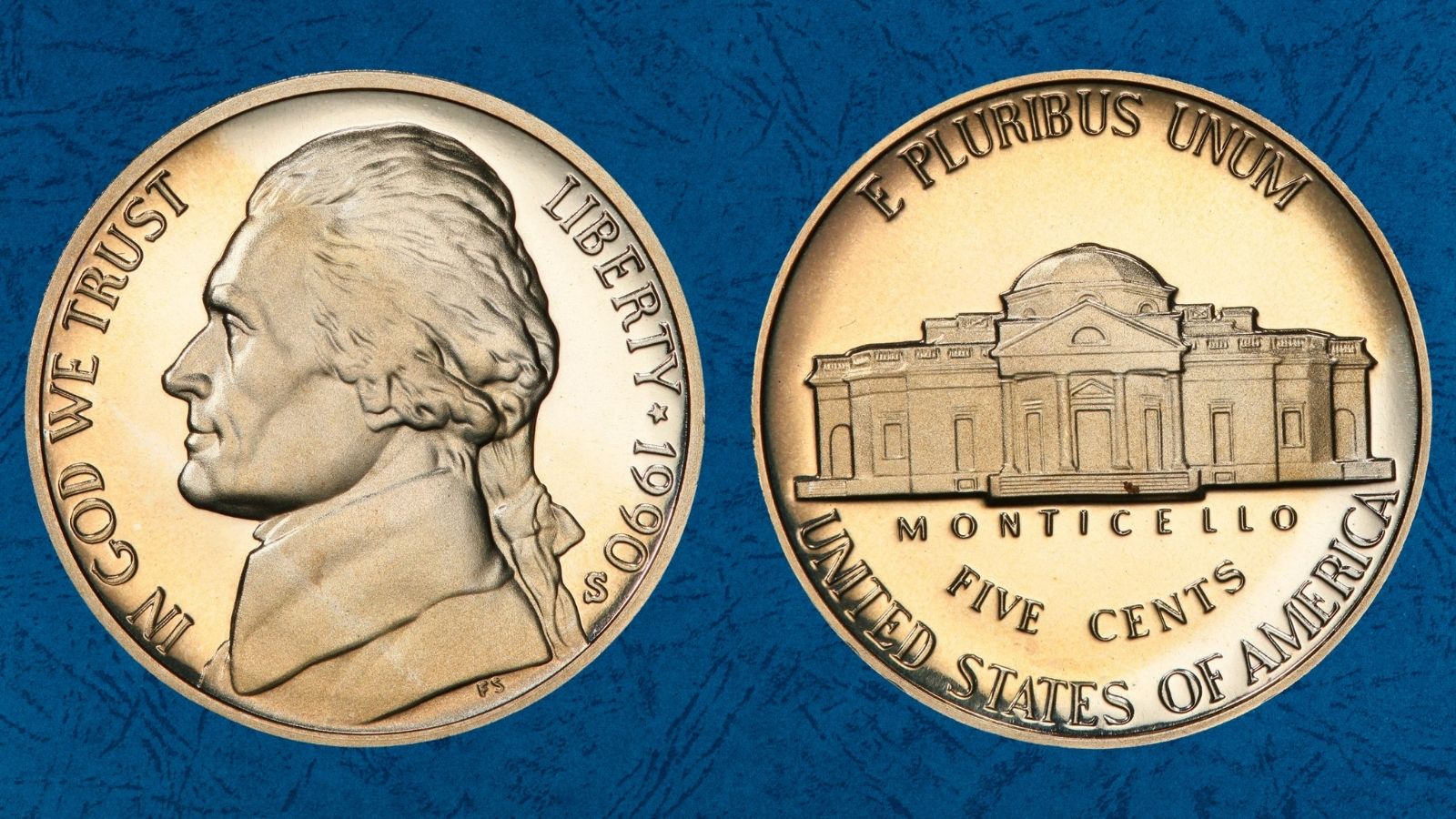 1990-S proof nickel comparison: normal obverse left vs Doubled Die Obverse (DDO FS-101) showing doubling on Jefferson's portrait and date