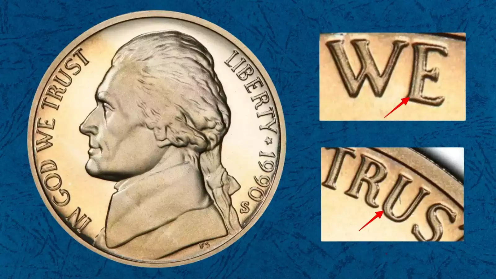 1990-S Doubled Die Obverse (DDO FS-101) showing doubling on date and Jefferson portrait under magnification