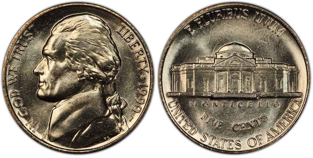1990-P Jefferson nickel reverse showing fully struck Monticello steps — Full Steps designation (5FS or 6FS)
