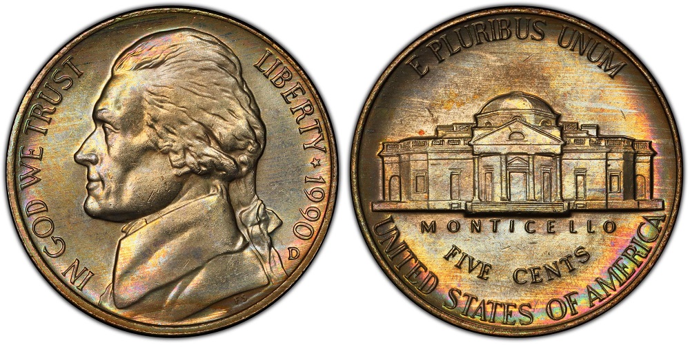 1990-D Jefferson nickel reverse showing Full Steps detail on Monticello — premium strike quality