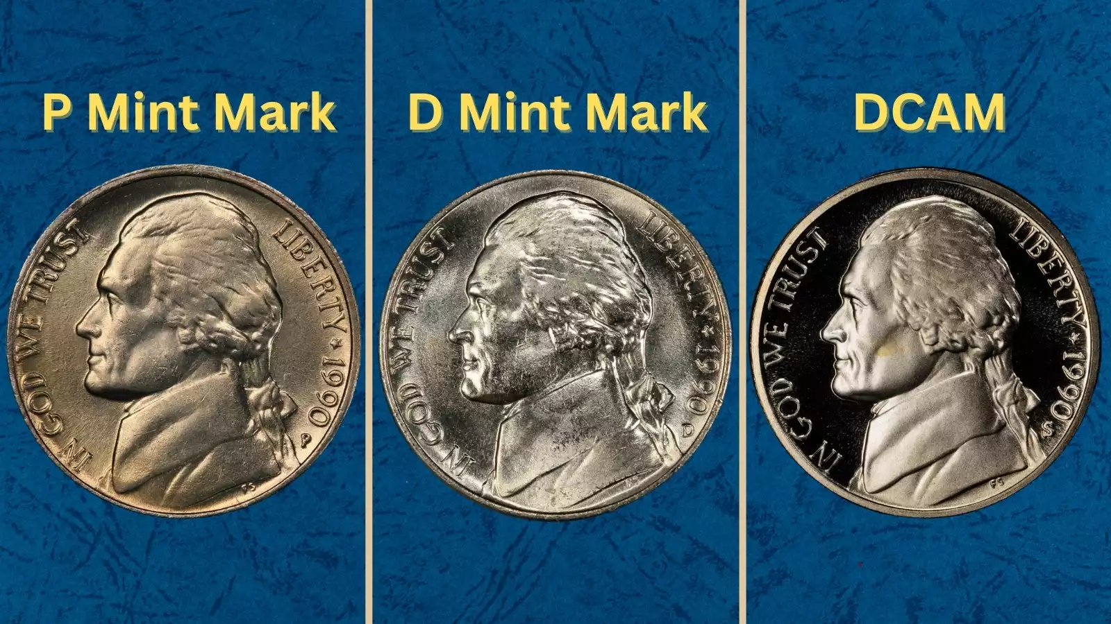 1990 nickel mintage data illustration — Philadelphia, Denver, and San Francisco mint coins side by side showing P, D, and S mint marks
