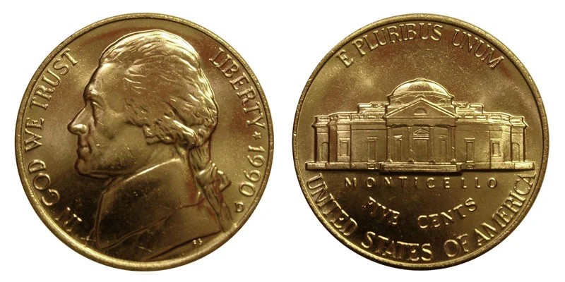 1990 Jefferson nickel grading strip showing four condition tiers: worn, circulated, about uncirculated, and mint state